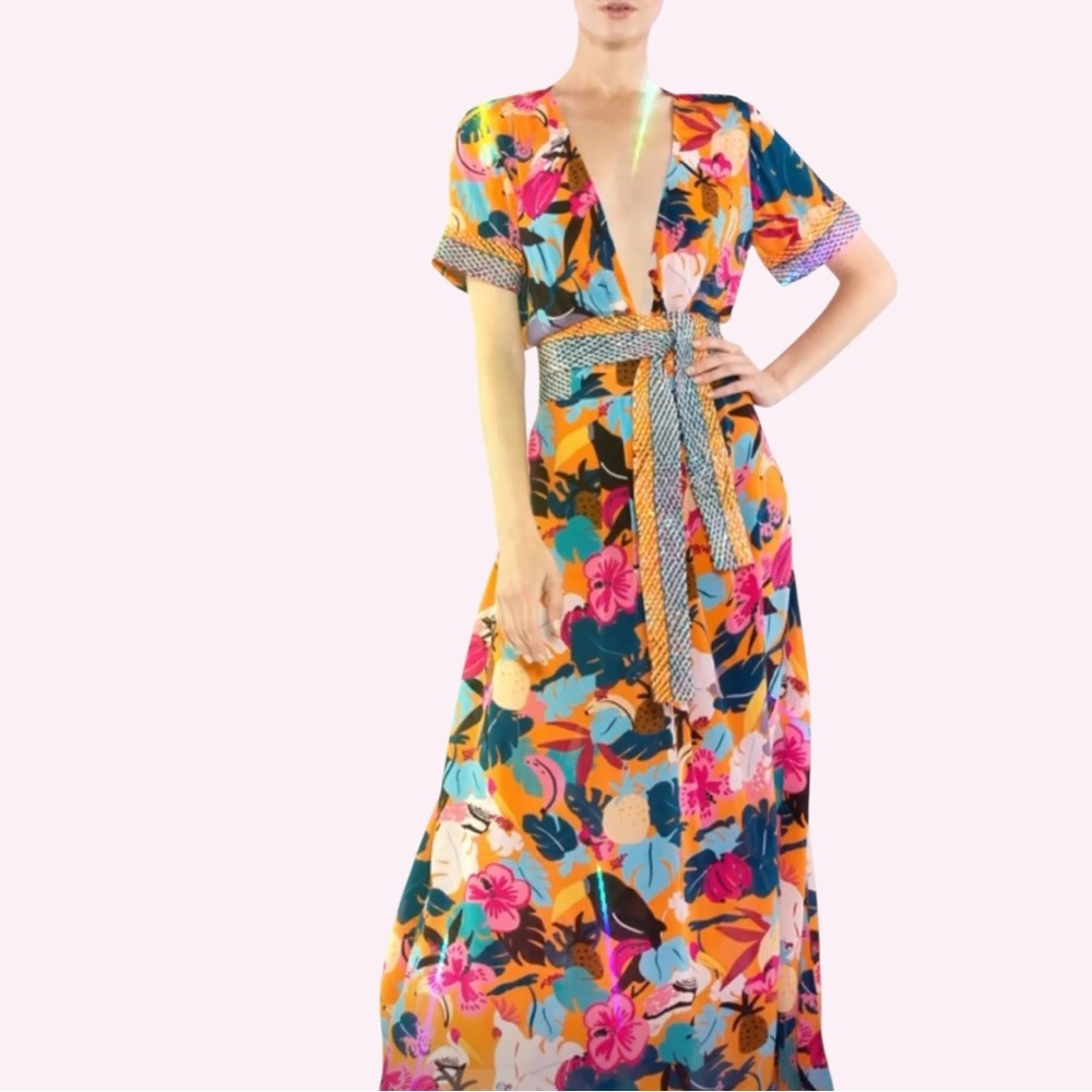 Taj By Sabrina Crippa Tropical Jungle Maxi NWT, S, $415MSRP, Sequin Accent Belt